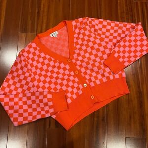 Beginning Boutique Cardigan Sweater Plaid Check Pink Orange Button Knit Sz Small